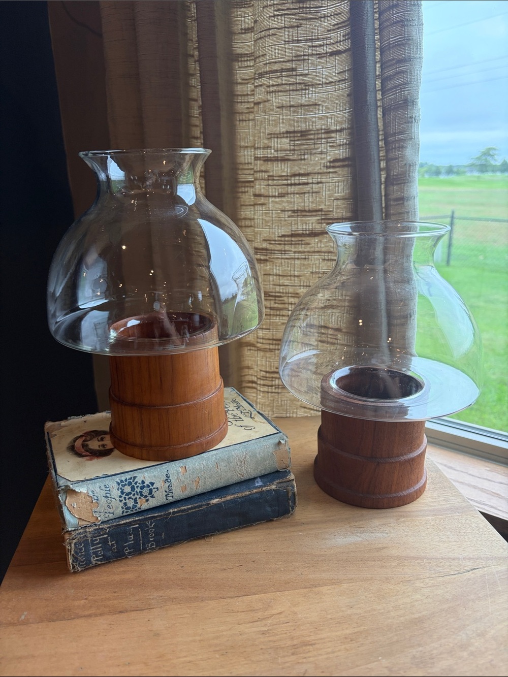 Vintage MCM Goodwood Teak Wood Hurricane Candle Lamp Pair (set of 2)